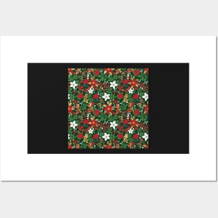 Elegant Green Winter Red White Gold Floral Pattern Posters and Art